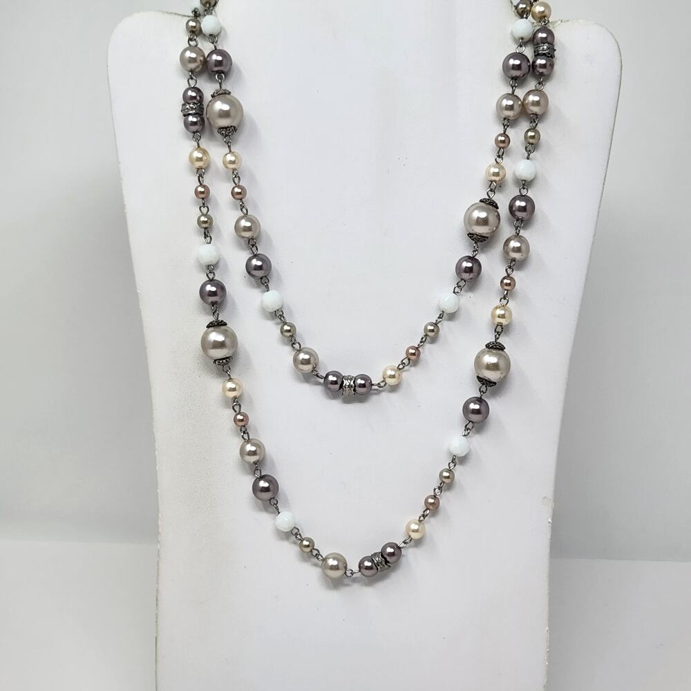 Metallic Faux Pearl White Bead Long Necklace Silver Tone Fashion Jewelry Neutral